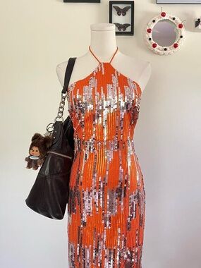 Fashion Nova Orange and Silver Sequin Backless Dress